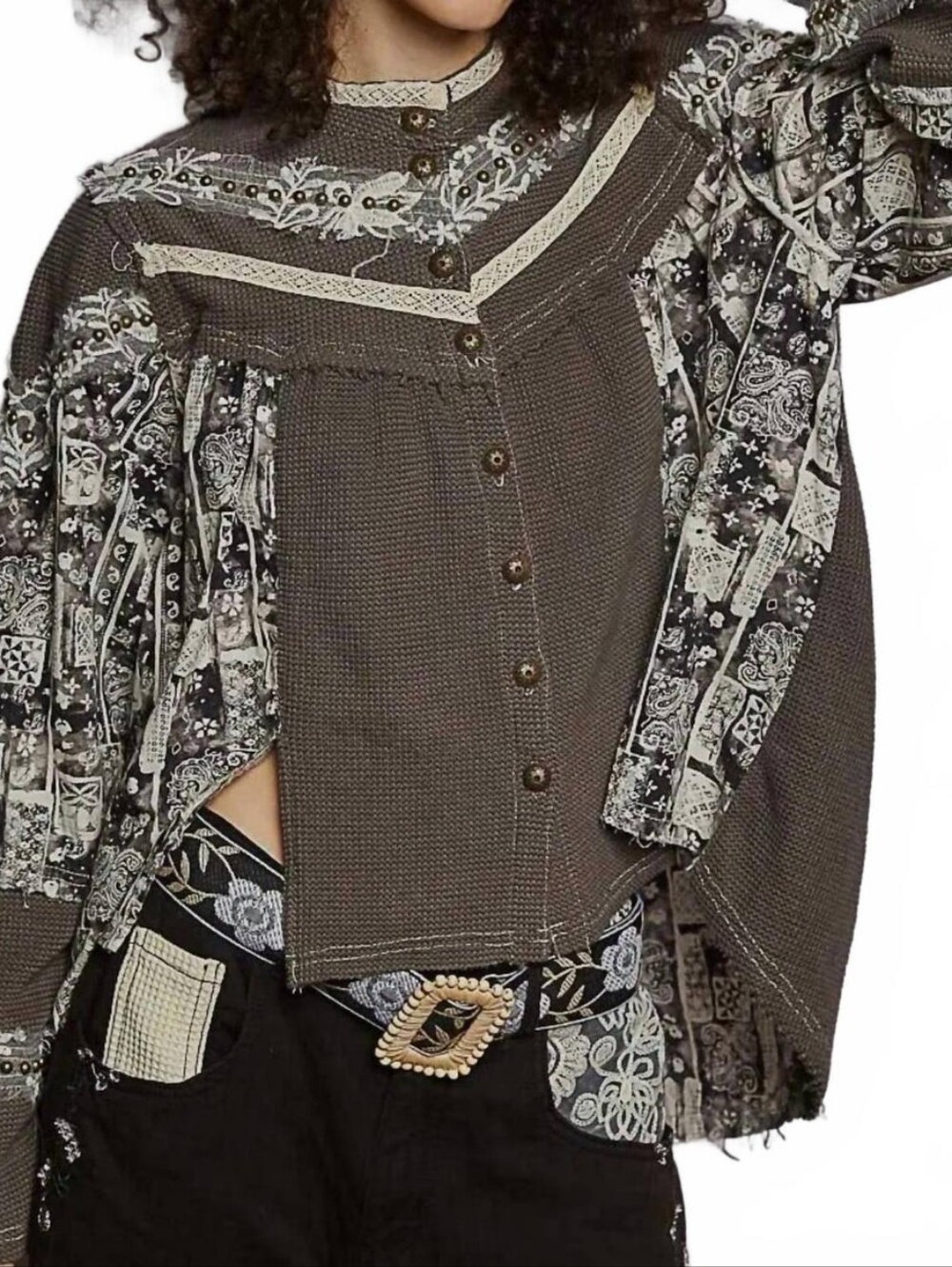 POL Gray Mixed-Print Button Shacket Jacket. Size Small